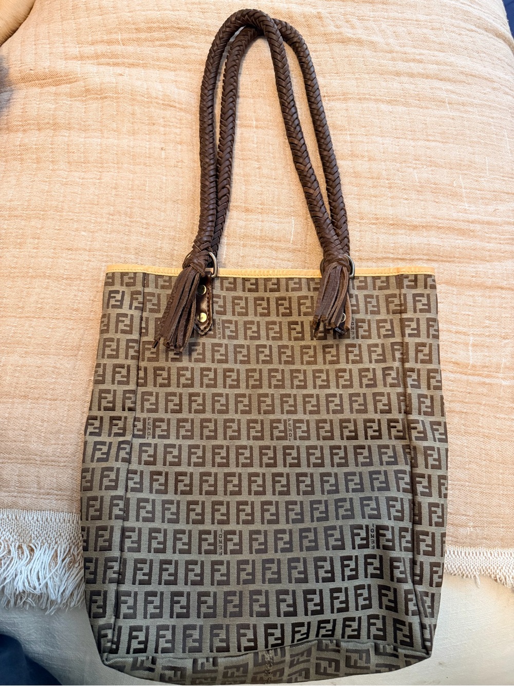 Vintage Boho Bag- Genuine Fendi Brown Zucca Monogram Tote with Braided Handles